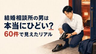 結婚相談所の男は本当にひどい?60件で見えたリアル ― 玄関で革靴を磨く婚活中の男性のイラスト