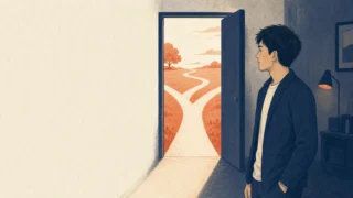 開いた扉と分かれ道を見つめ、婚活の一歩を考える35歳前後の独身男性
