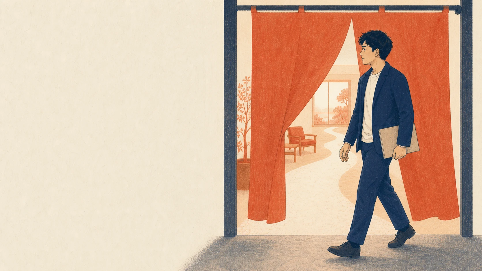 無料相談への小さな一歩として暖簾をくぐる35歳前後の男性