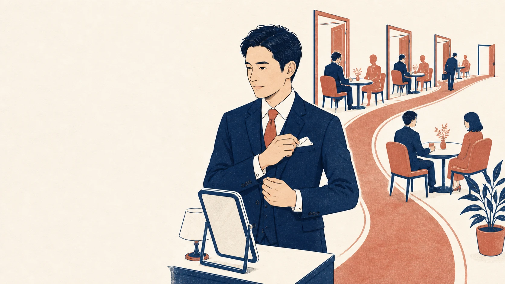 お見合い前に身だしなみを整え、複数のお見合いへ向かう30代男性