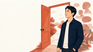 開いた扉の前で周囲の声に惑わされず結婚相談所への一歩を考える30代男性