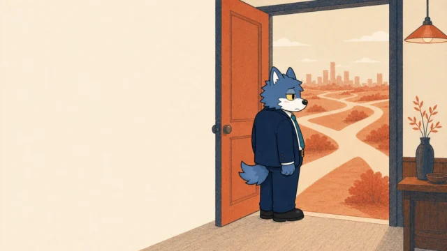 開いた扉の先に広がる複数の道を見つめるウルフくん