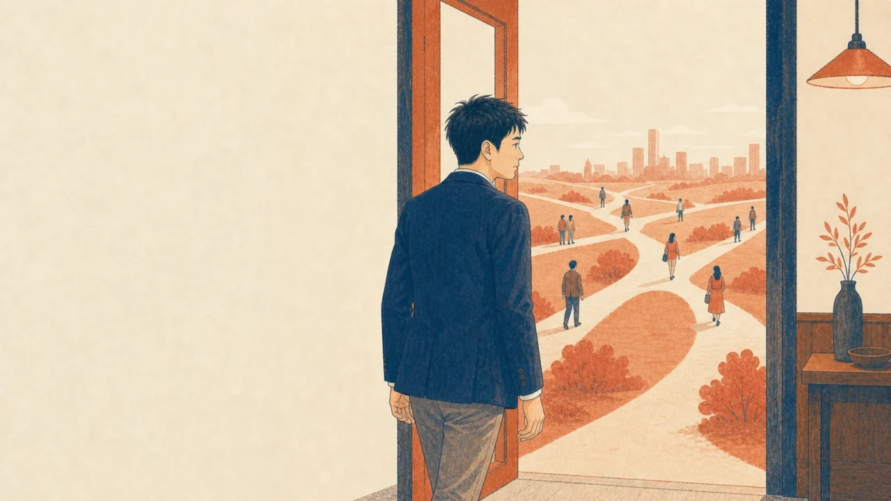扉の向こうに広がる複数の道を見つめる34歳男性のイラスト