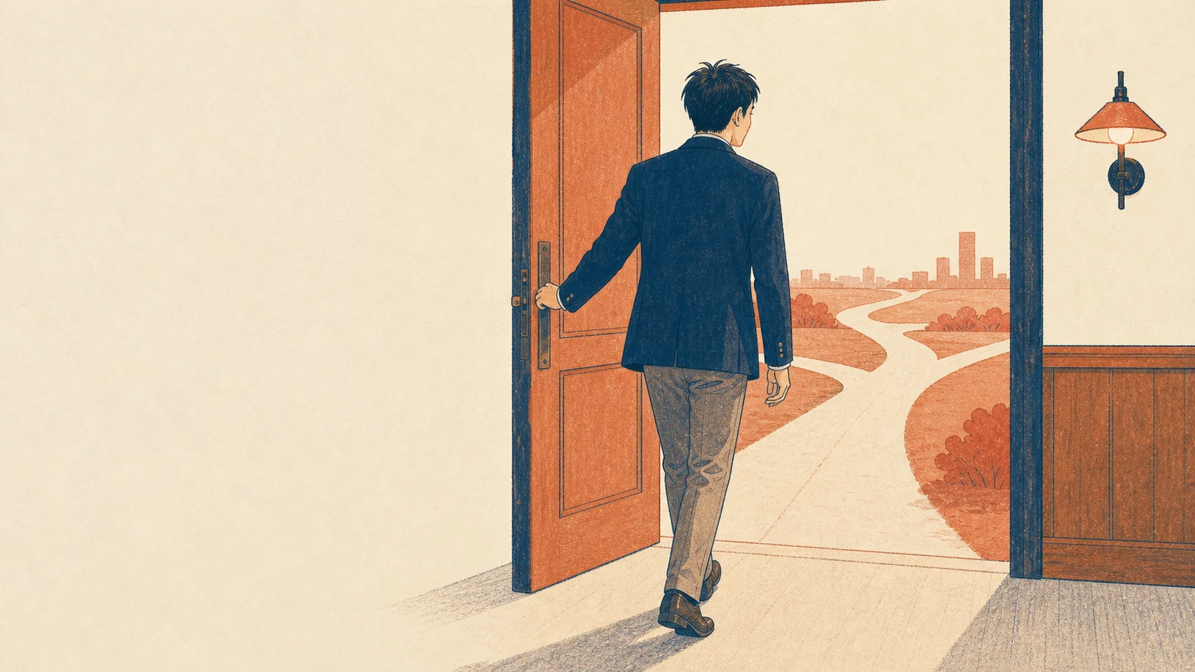 開いた扉から明るい未来へ一歩踏み出す34歳男性のイラスト