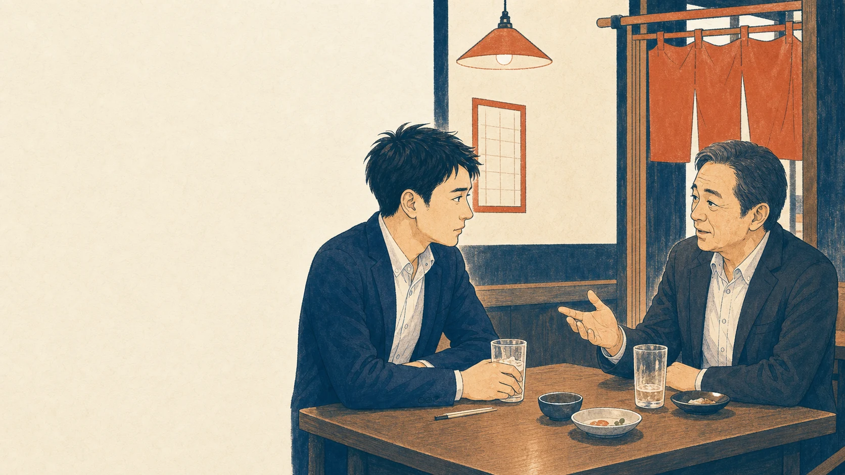 居酒屋で年配の先輩と話し停滞への不安に気づく34歳男性のイラスト