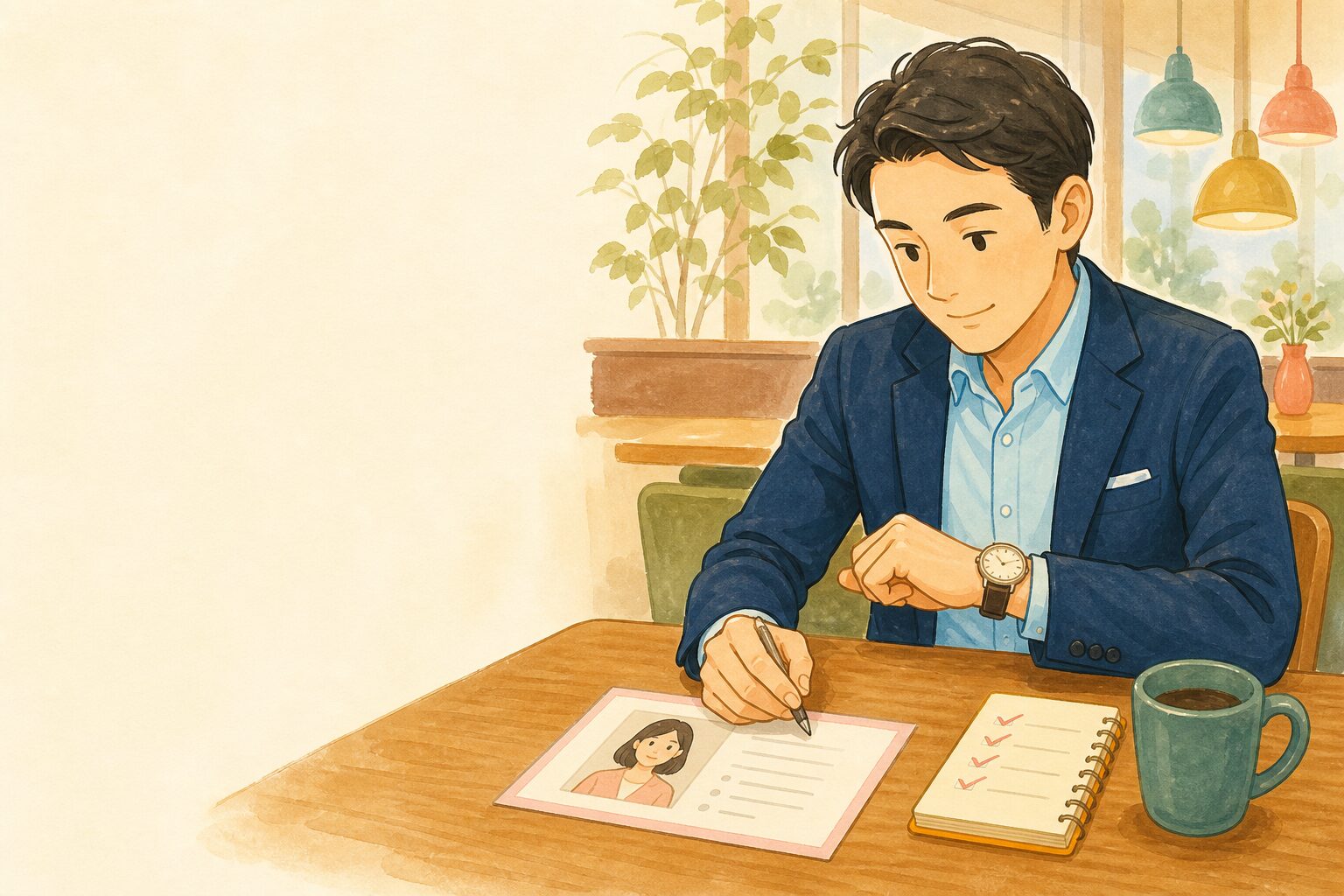 お見合い前に一人分のプロフィールを確認する男性