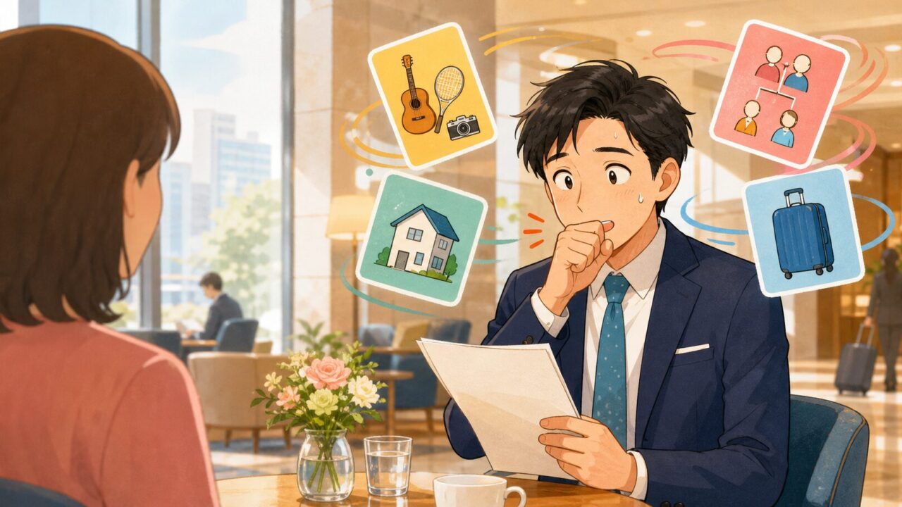 お見合いでプロフィール情報が混ざりそうになり、咳で会話を立て直す男性