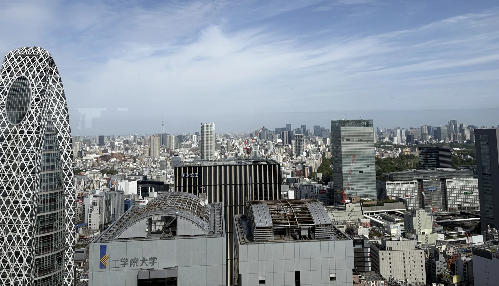 京王プラザホテル45階のラウンジの窓から見た新宿の眺望と遠景の東京スカイツリー
