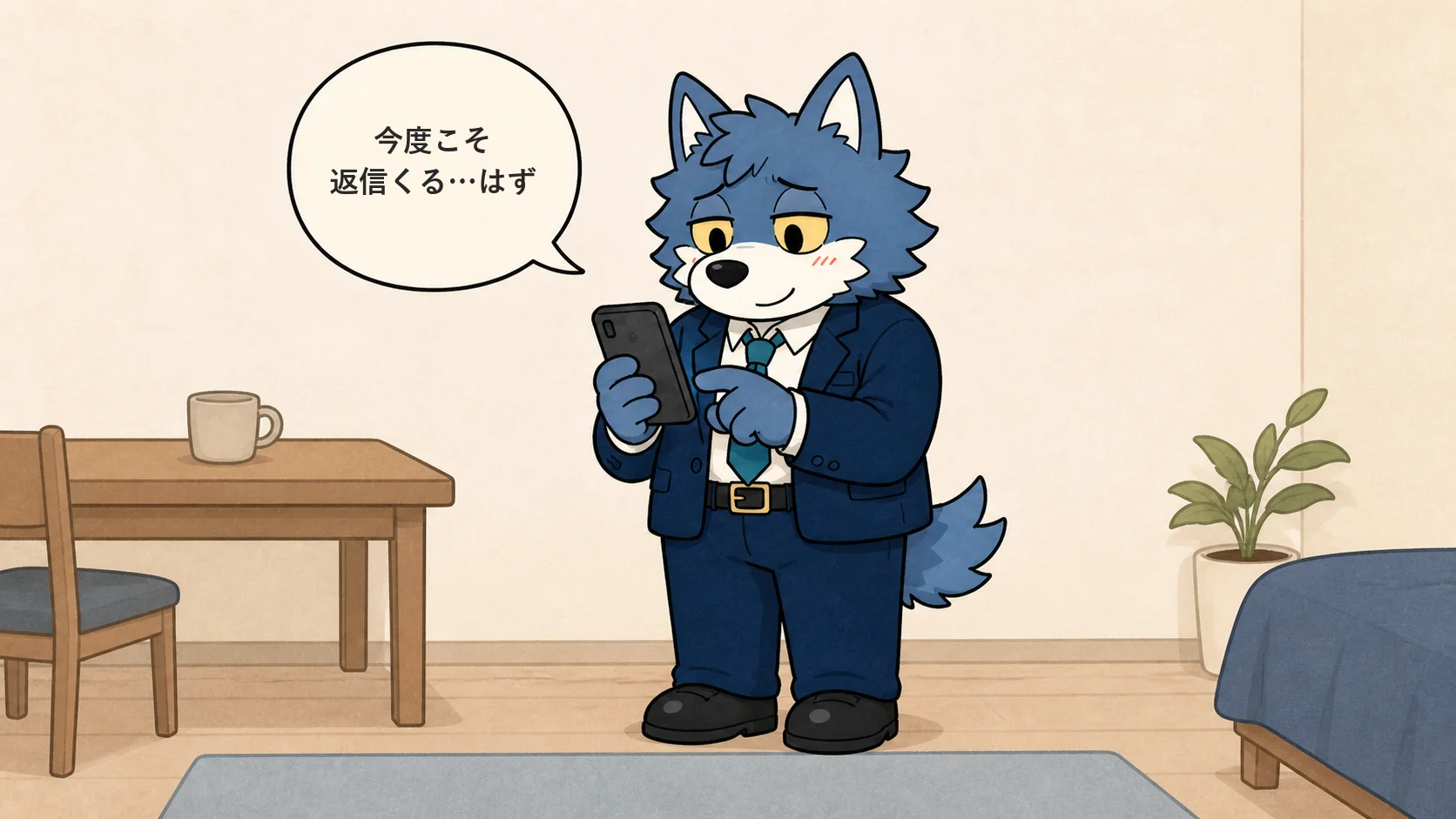 返信を期待してマッチングアプリのメッセージを送るウルフくんのイラスト