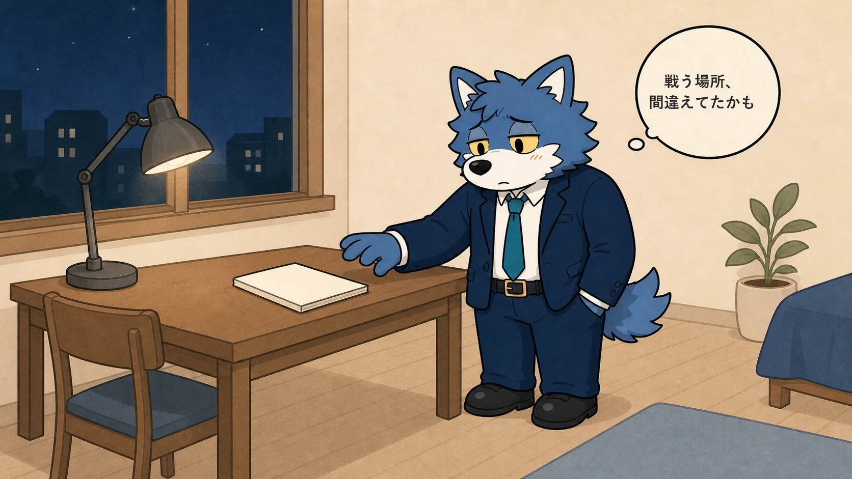 夜の部屋で婚活の戦う場所を考え直すウルフくんのイラスト