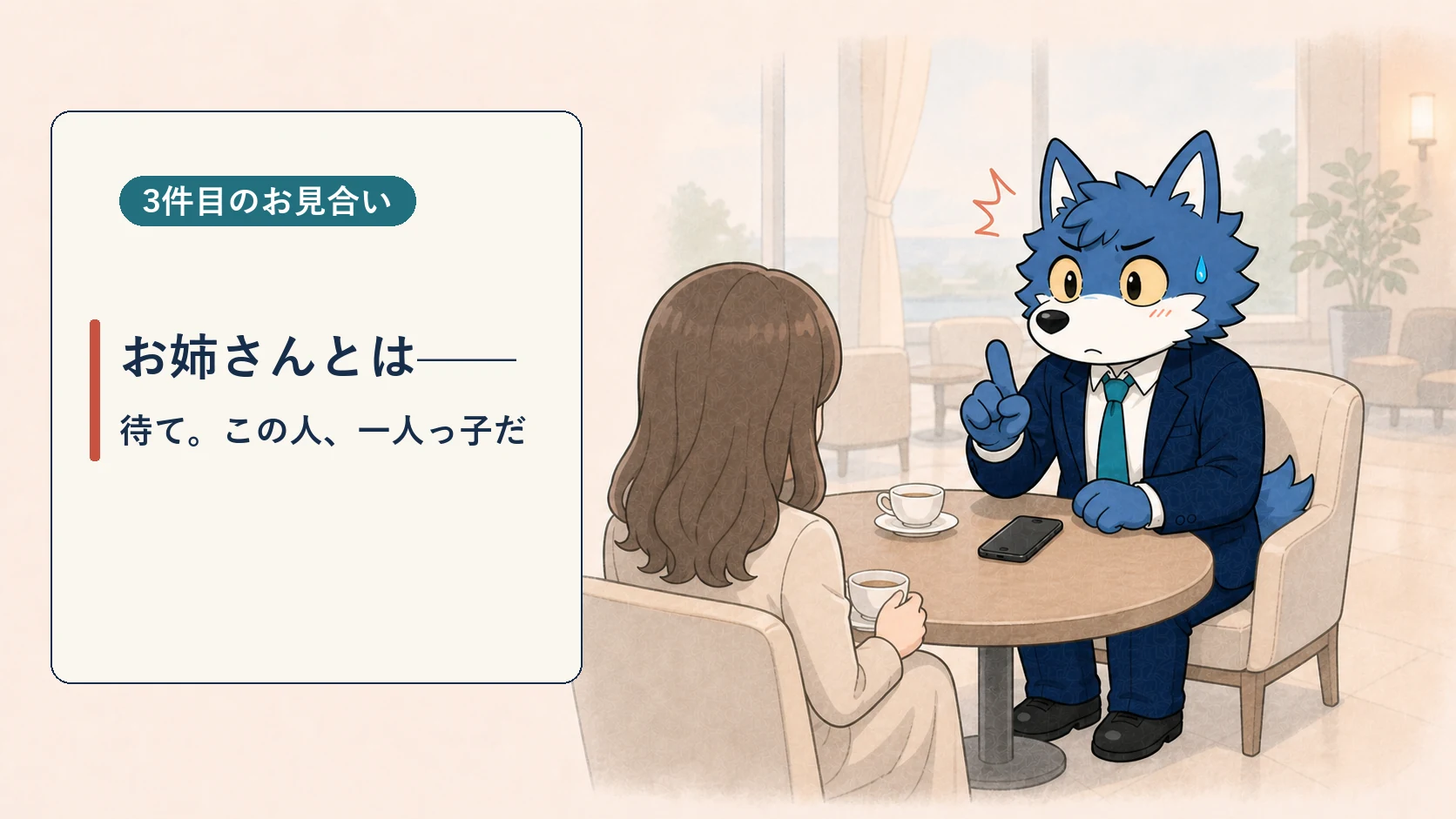 ホテルラウンジのお見合いで別の相手の姉妹情報を言いかけるウルフくん
