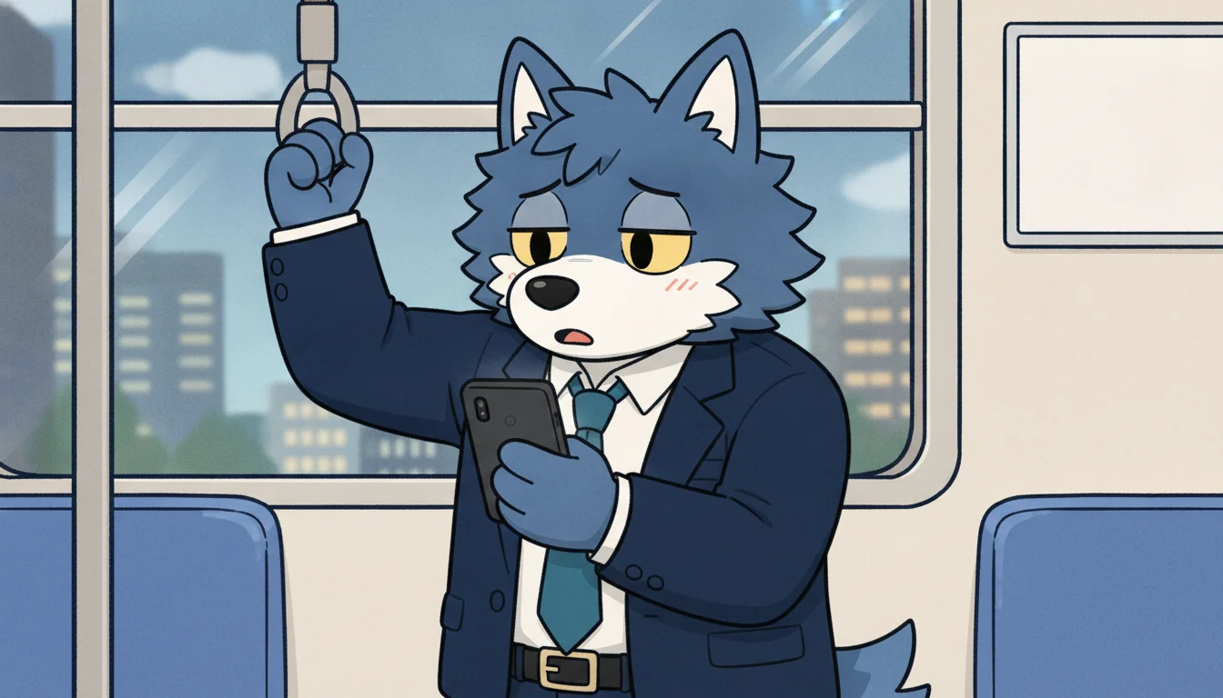 電車の中でそっけない短い返信を読むウルフくん
