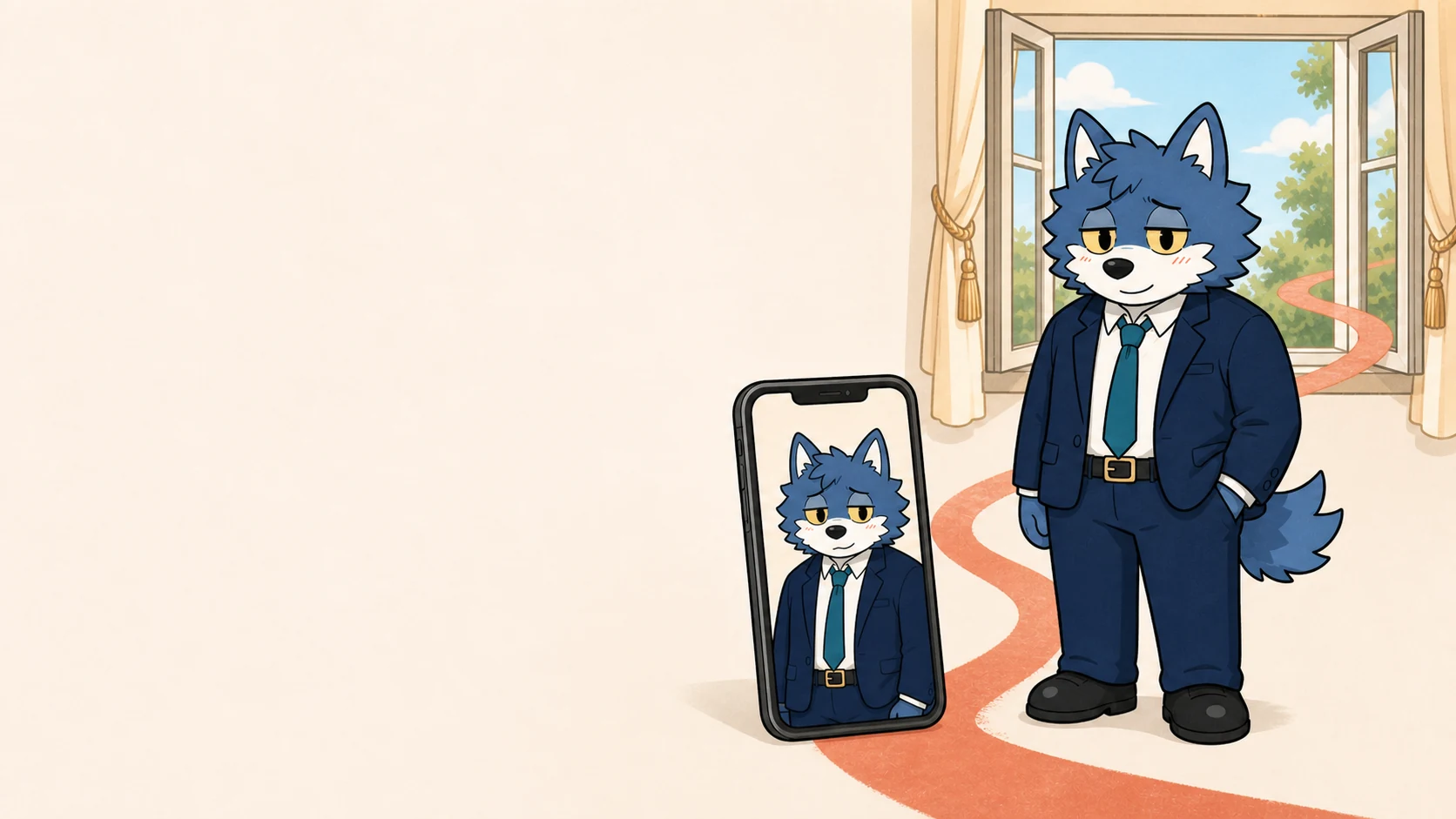 プロフィール写真と同じ服装と表情で自然体の印象をつなぐウルフくん