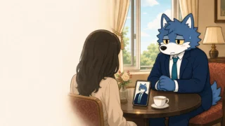 プロフィール写真との印象差に緊張しながらホテルラウンジで女性と向き合うウルフくん