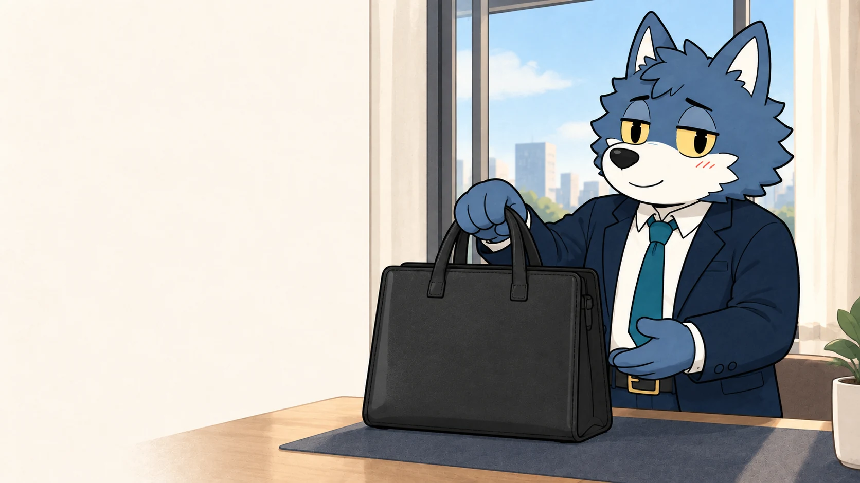革のような質感の黒い手提げバッグを紹介するウルフくん