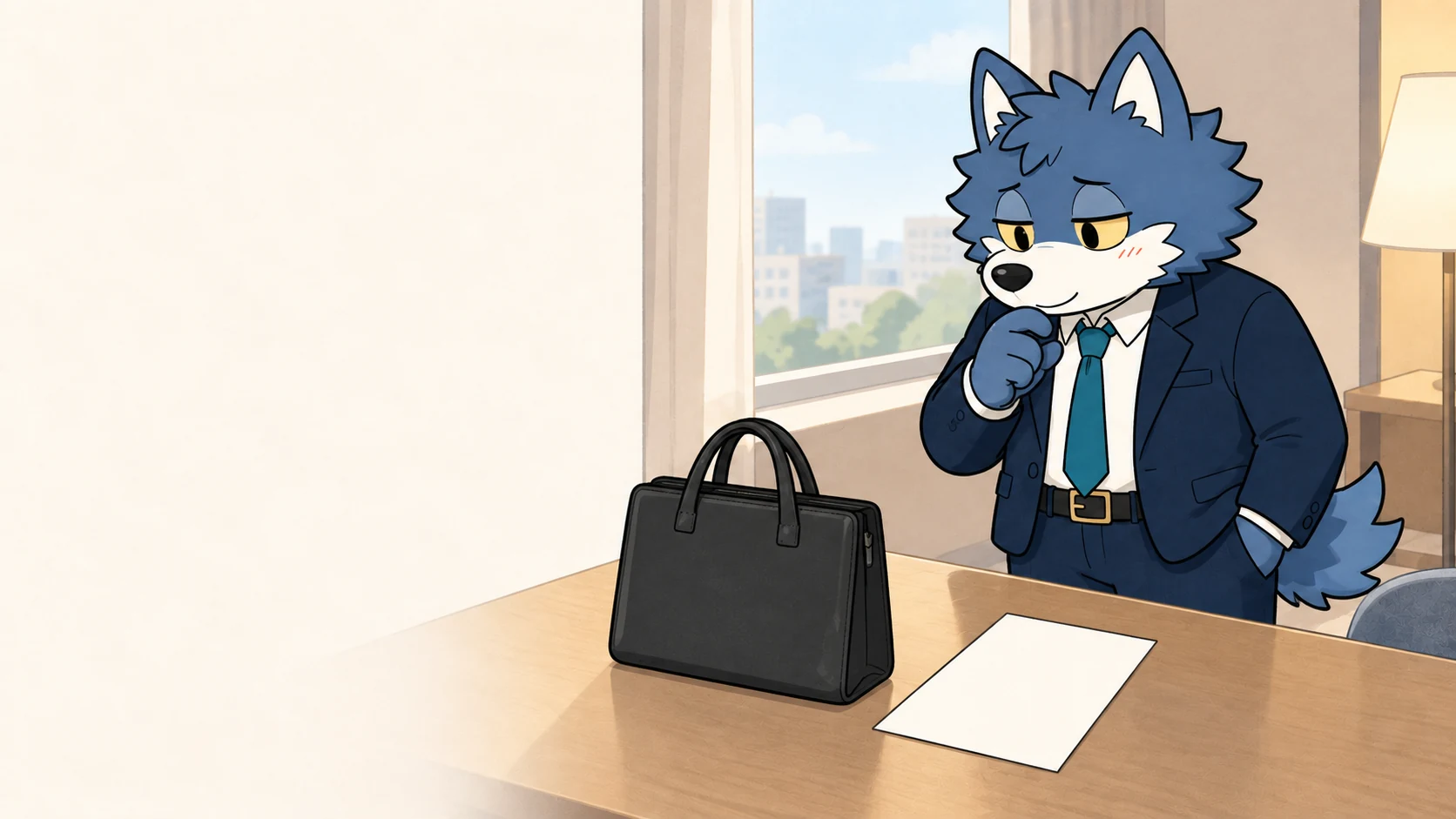 書類と黒い手提げバッグの大きさを見比べるウルフくん