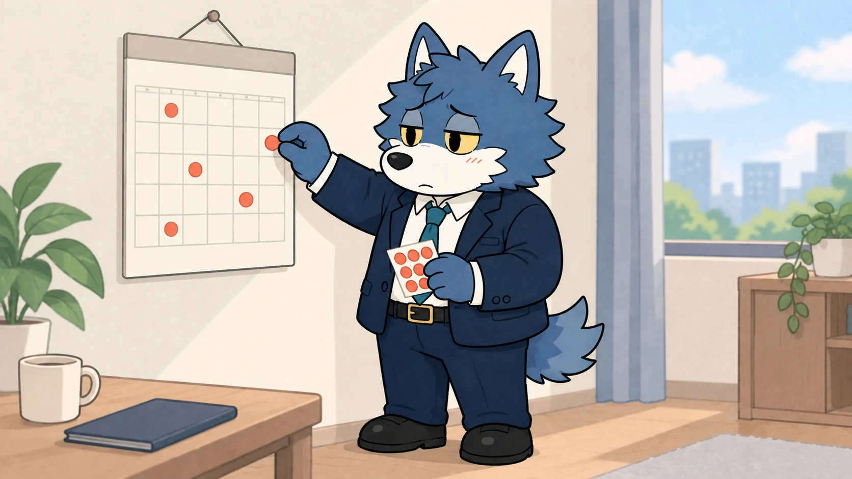 休日と申し込みの活動計画を考えるウルフくん