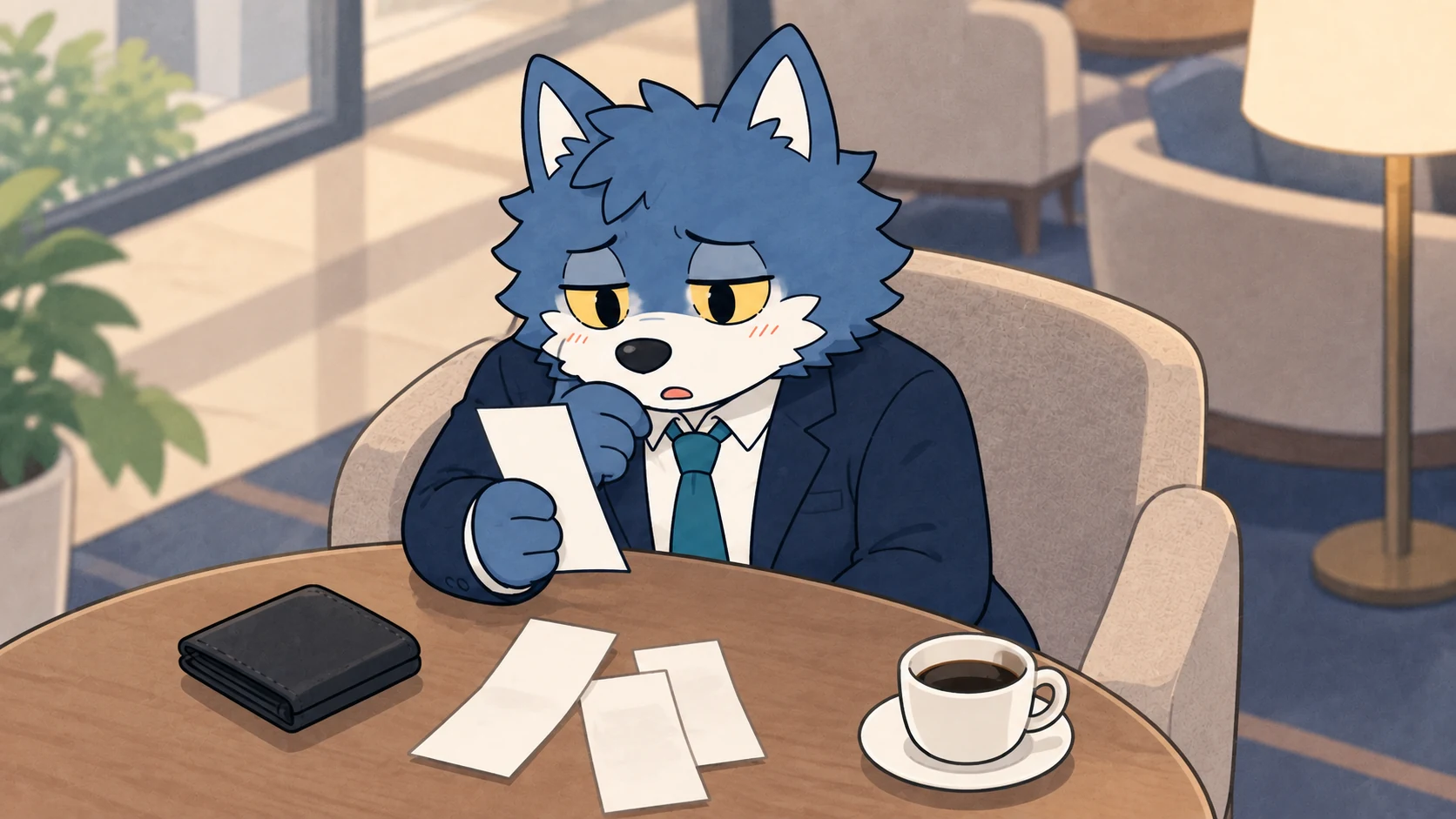 お見合いのお茶代と活動予算を確認するウルフくん