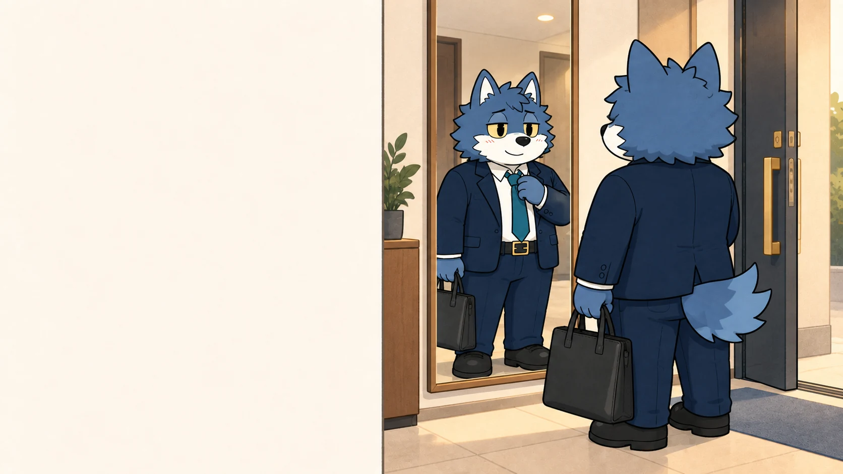手提げバッグを持った全身の姿を鏡で確認するウルフくん