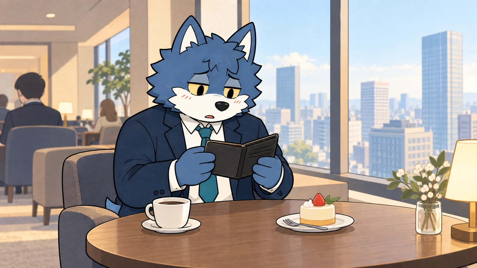 ケーキと飲み物の予算を財布で確認するウルフくん