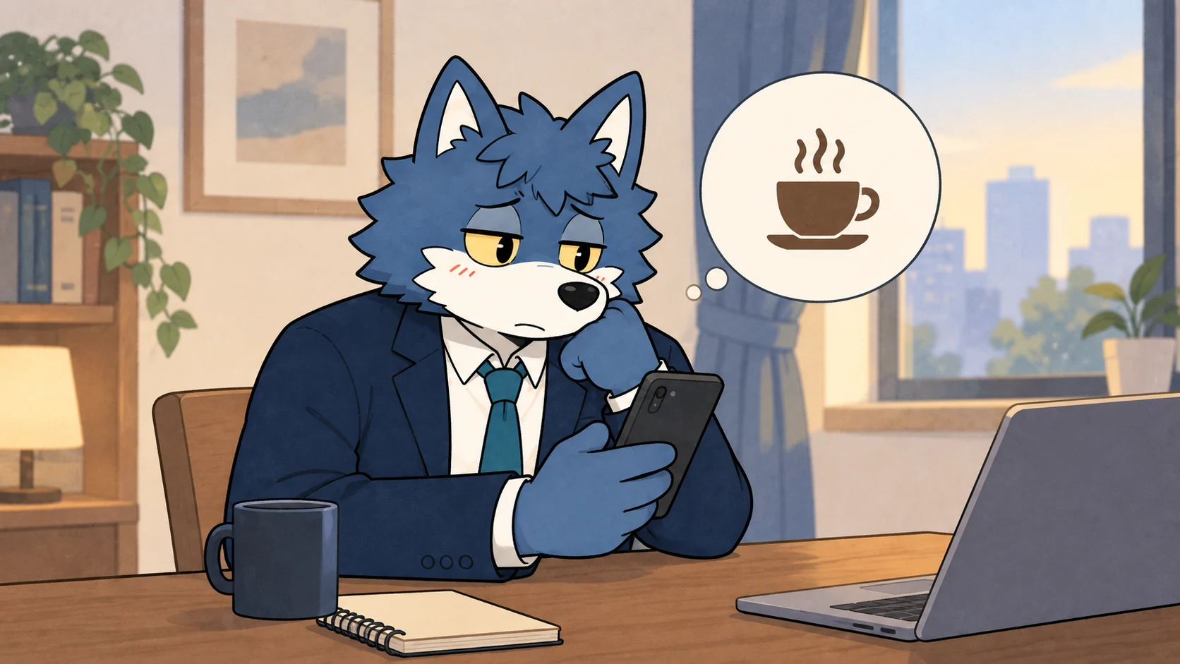 未訪問のカフェの情報を自宅で確認するウルフくん