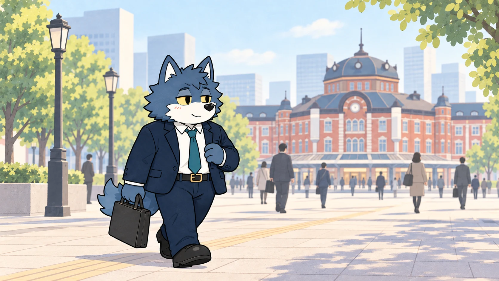 午前のお見合いに向けて駅前の広場を歩くウルフくん