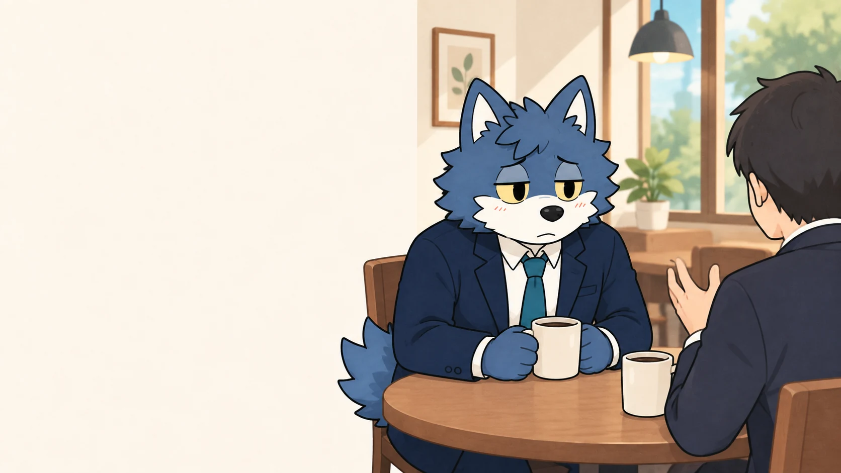 カフェで相手の話に耳を傾けるウルフくん