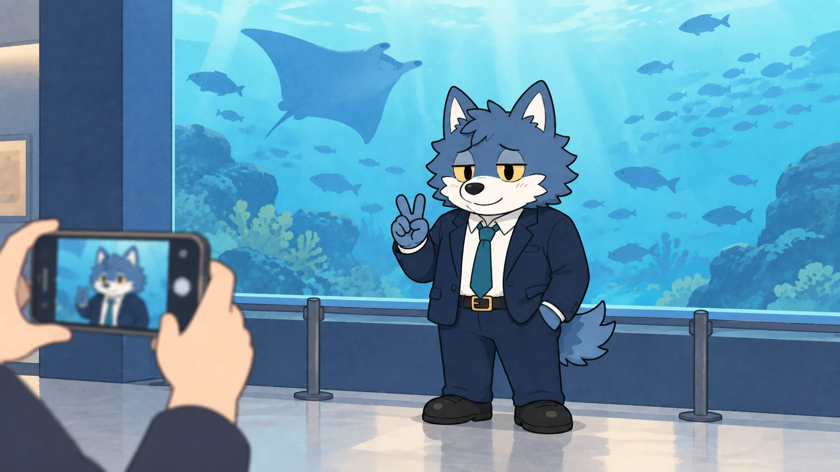 水族館で人柄が伝わる写真を撮ってもらうウルフくん