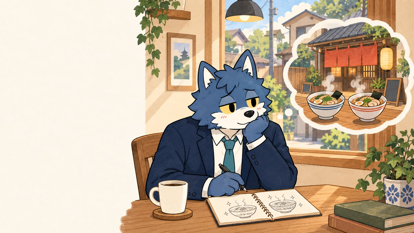 友人たちの共通の話題になったラーメン屋について考えるウルフくん