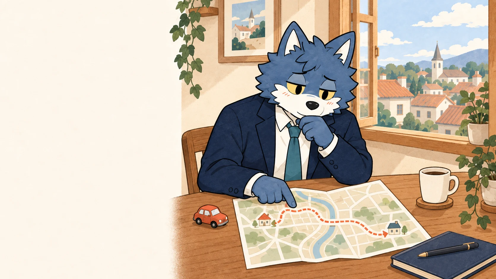 開いた地図を見ながら無理なく会える距離を考えるウルフくん