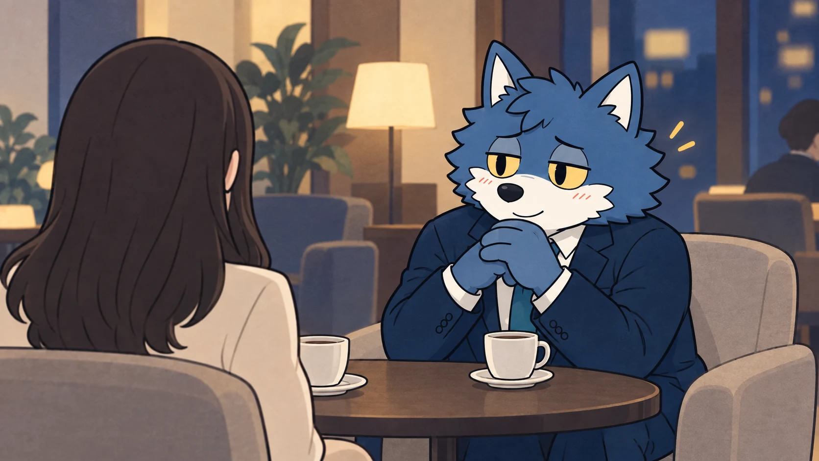 お見合いで女性と向き合い会話するウルフくん