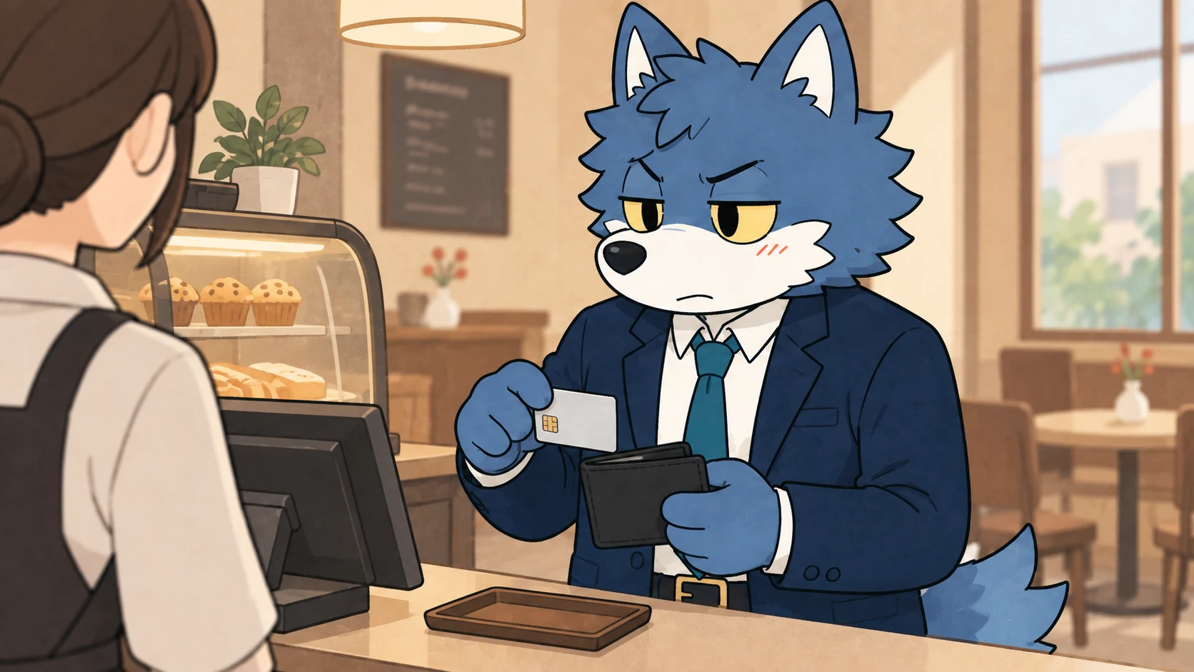 カフェのレジで財布とカードを用意するウルフくん
