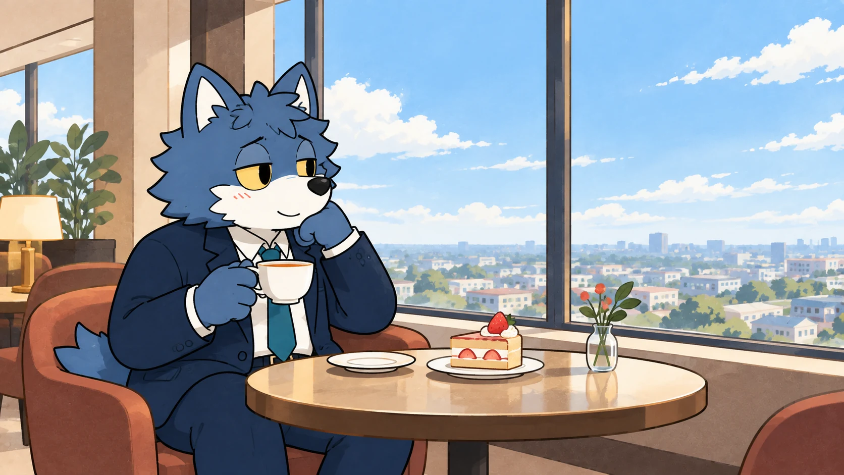 広い昼の空を眺めながら高層階でお茶をするウルフくん