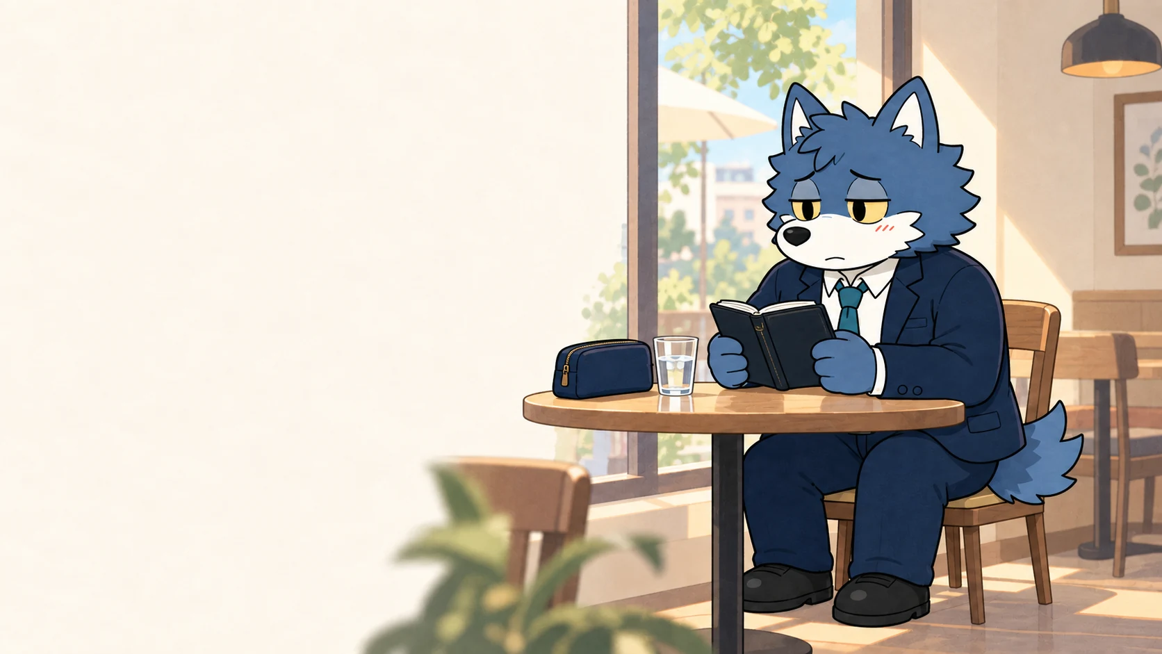 夏のお見合い前にカフェで手帳を確認するウルフくん