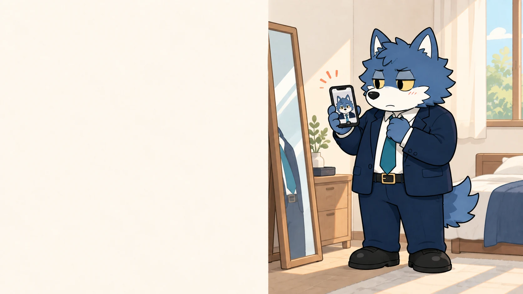 プロフィール写真と当日のネクタイを見比べるウルフくん