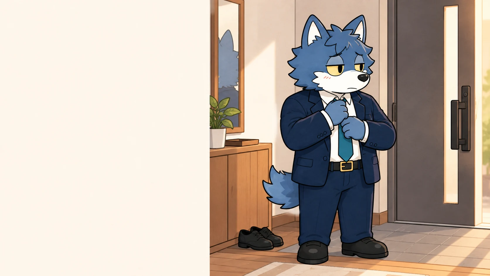 出かける前にネクタイと身だしなみを整えるウルフくん