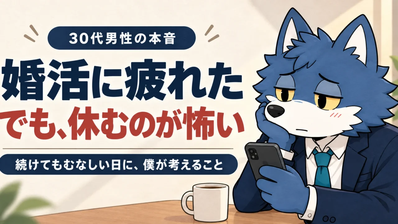 婚活に疲れた、でも休むのが怖い。スマホを手に悩むウルフくんと30代男性の本音