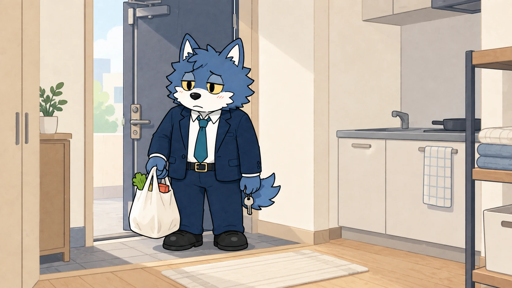 買い物袋と家の鍵を持つウルフくん。一人暮らしと生活力を考えるイメージ