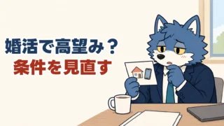 婚活で高望み？条件を見直す。希望条件のメモを手に考えるウルフくん
