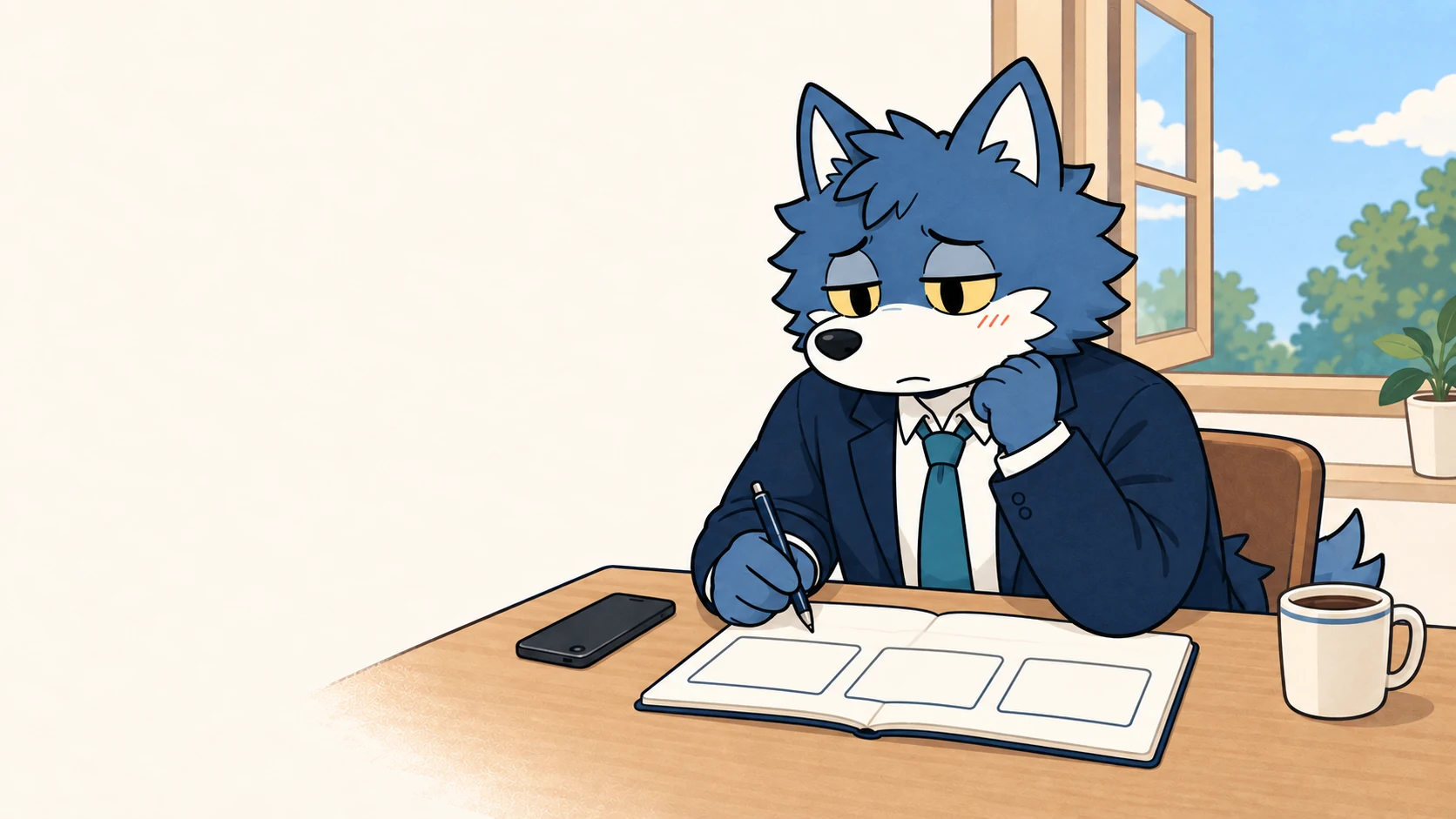 仮交際の何が辛いのかをノートに整理するウルフくん