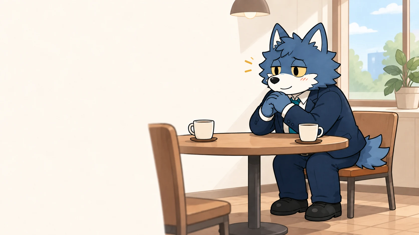 カフェで相手の話の続きを聞きたいと感じるウルフくん