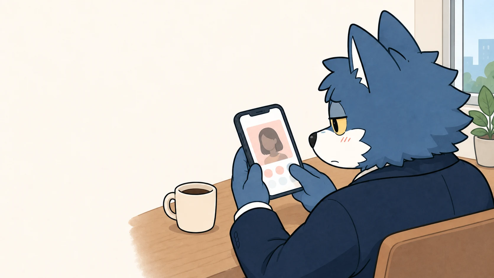 スマートフォンのプロフィールを見返し、お見合いの時間を振り返るウルフくん