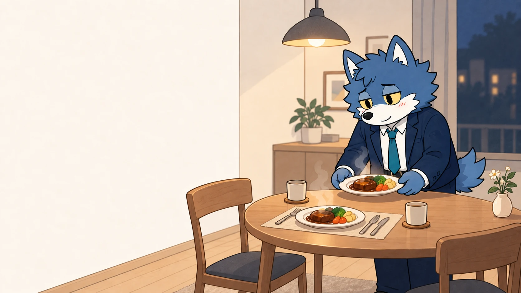 誰かと一緒に食事をする未来を思い描き、二人分の食卓を用意するウルフくん