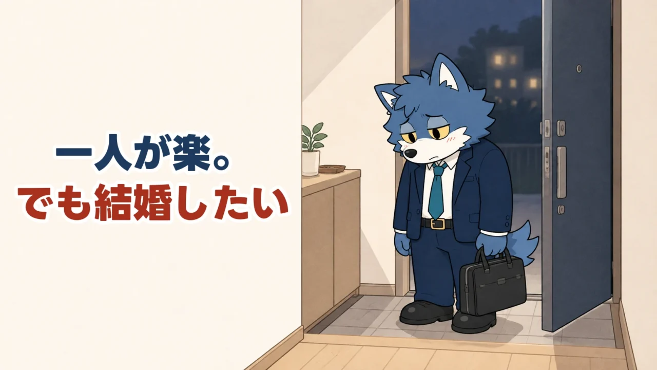一人が楽。でも結婚したいと考えながら、夜の玄関に立つウルフくん