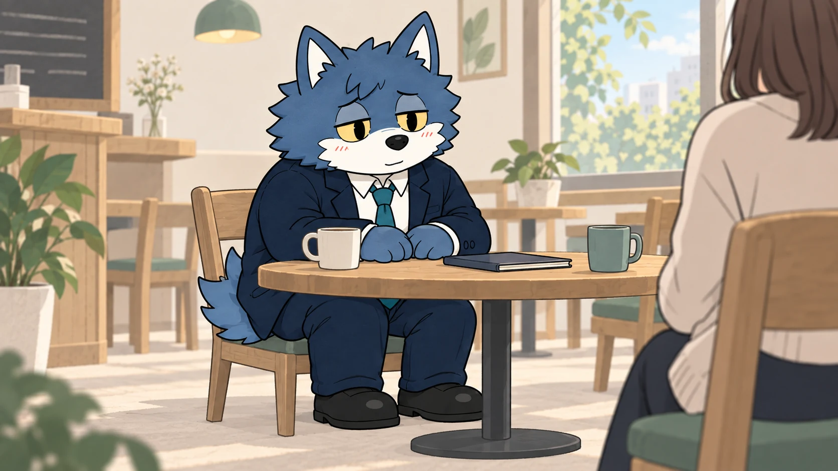 静かなカフェで結婚後の生活について相手の話に耳を傾けるウルフくん