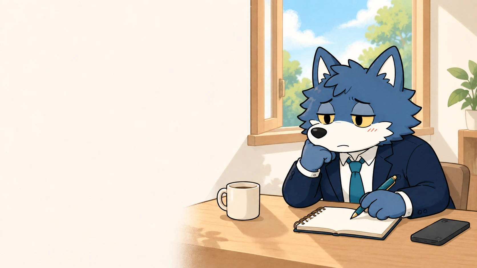 開いた窓のそばで、次のデートで知りたいことをノートに書こうとするウルフくん