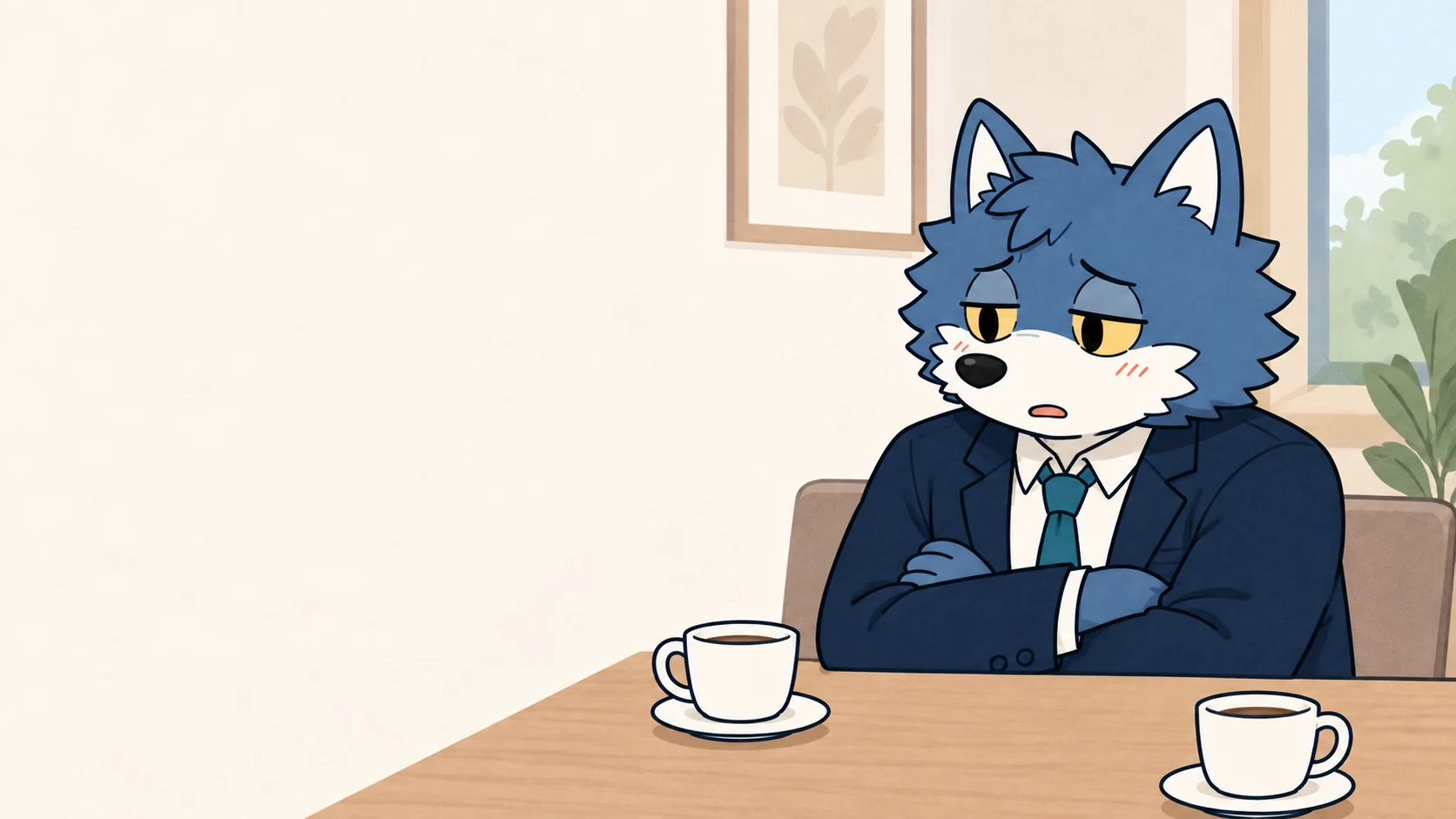 カフェでお店の予算について考えるウルフくん