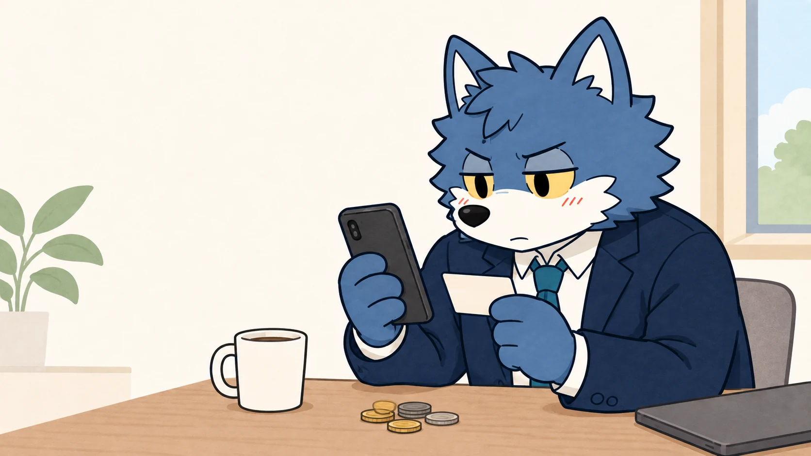 スマートフォンと手元の紙を見て毎月の支出を確かめるウルフくん
