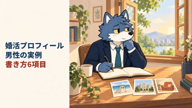 婚活プロフィール・男性の実例・書き方6項目。プロフィールを書くウルフくん。