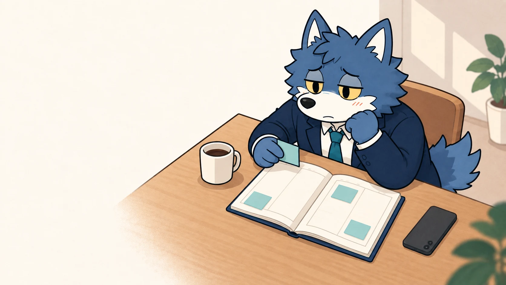 手帳に付箋を置き、次のデートの時間を考えるウルフくん